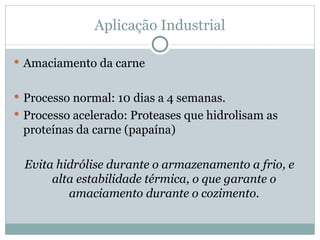 Aplicação Industrial

 Amaciamento da carne


 Processo normal: 10 dias a 4 semanas.
 Processo acelerado: Proteases que hidrolisam as
 proteínas da carne (papaína)

 Evita hidrólise durante o armazenamento a frio, e
      alta estabilidade térmica, o que garante o
         amaciamento durante o cozimento.
 
