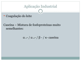 Aplicação Industrial

 Coagulação do leite


Caseína – Mistura de fosfoproteínas muito
 semelhantes:

              α s1- / α s2- / β - / κ- caseína
 