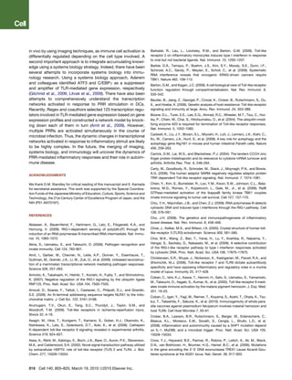 in vivo by using imaging techniques, as immune cell activation is                    Barbalat, R., Lau, L., Locksley, R.M., and Barton, G.M. (2009). Toll-like
differentially regulated depending on the cell type involved. A                      receptor 2 on inﬂammatory monocytes induces type I interferon in response
                                                                                     to viral but not bacterial ligands. Nat. Immunol. 10, 1200–1207.
second important approach is to integrate accumulating knowl-
edge using a systems biology strategy. Indeed, there have been                       Barbie, D.A., Tamayo, P., Boehm, J.S., Kim, S.Y., Moody, S.E., Dunn, I.F.,
                                                                                     Schinzel, A.C., Sandy, P., Meylan, E., Scholl, C., et al. (2009). Systematic
several attempts to incorporate systems biology into immu-
                                                                                     RNA interference reveals that oncogenic KRAS-driven cancers require
nology research. Using a systems biology approach, Aderem                            TBK1. Nature 462, 108–112.
and colleagues identiﬁed ATF3 and C/EBPg as a suppressor                             Barton, G.M., and Kagan, J.C. (2009). A cell biological view of Toll-like receptor
and ampliﬁer of TLR-mediated gene expression, respectively                           function: regulation through compartmentalization. Nat. Rev. Immunol. 9,
(Gilchrist et al., 2006; Litvak et al., 2009). There have also been                  535–542.
attempts to comprehensively understand the transcription                             Beutler, B., Jiang, Z., Georgel, P., Crozat, K., Croker, B., Rutschmann, S., Du,
networks activated in response to PRR stimulation in DCs.                            X., and Hoebe, K. (2006). Genetic analysis of host resistance: Toll-like receptor
Recently, Regev and coauthors selected 125 transcription regu-                       signaling and immunity at large. Annu. Rev. Immunol. 24, 353–389.
lators involved in TLR-mediated gene expression based on gene                        Boone, D.L., Turer, E.E., Lee, E.G., Ahmad, R.C., Wheeler, M.T., Tsui, C., Hur-
expression proﬁles and constructed a network model by knock-                         ley, P., Chien, M., Chai, S., Hitotsumatsu, O., et al. (2004). The ubiquitin-modi-
ing down each of them in turn (Amit et al., 2009). However,                          fying enzyme A20 is required for termination of Toll-like receptor responses.
                                                                                     Nat. Immunol. 5, 1052–1060.
multiple PRRs are activated simultaneously in the course of
                                                                                     Cadwell, K., Liu, J.Y., Brown, S.L., Miyoshi, H., Loh, J., Lennerz, J.K., Kishi, C.,
microbial infection. Thus, the dynamic changes in transcriptional
                                                                                     Kc, W., Carrero, J.A., Hunt, S., et al. (2008). A key role for autophagy and the
networks activated in response to inﬂammatory stimuli are likely                     autophagy gene Atg16l1 in mouse and human intestinal Paneth cells. Nature
to be highly complex. In the future, the merging of imaging,                         456, 259–263.
systems biology, and immunology will uncover the dynamics of                         Carrick, D.M., Lai, W.S., and Blackshear, P.J. (2004). The tandem CCCH zinc
PRR-mediated inﬂammatory responses and their role in autoim-                         ﬁnger protein tristetraprolin and its relevance to cytokine mRNA turnover and
mune disease.                                                                        arthritis. Arthritis Res. Ther. 6, 248–264.
                                                                                     Carty, M., Goodbody, R., Schroder, M., Stack, J., Moynagh, P.N., and Bowie,
                                                                                     A.G. (2006). The human adaptor SARM negatively regulates adaptor protein
ACKNOWLEDGMENTS
                                                                                     TRIF-dependent Toll-like receptor signaling. Nat. Immunol. 7, 1074–1081.
We thank D.M. Standley for critical reading of this manuscript and E. Kamada         Chien, Y., Kim, S., Bumeister, R., Loo, Y.M., Kwon, S.W., Johnson, C.L., Bala-
for secretarial assistance. This work was supported by the Special Coordina-         kireva, M.G., Romeo, Y., Kopelovich, L., Gale, M., Jr., et al. (2006). RalB
tion Funds of the Japanese Ministry of Education, Culture, Sports, Science and       GTPase-mediated activation of the IkappaB family kinase TBK1 couples
Technology, the 21st Century Center of Excellence Program of Japan, and the          innate immune signaling to tumor cell survival. Cell 127, 157–170.
NIH (P01 AI070167).                                                                  Chiu, Y.H., Macmillan, J.B., and Chen, Z.J. (2009). RNA polymerase III detects
                                                                                     cytosolic DNA and induces type I interferons through the RIG-I pathway. Cell
                                                                                     138, 576–591.
REFERENCES
                                                                                     Cho, J.H. (2008). The genetics and immunopathogenesis of inﬂammatory
                                                                                     bowel disease. Nat. Rev. Immunol. 8, 458–466.
Ablasser, A., Bauernfeind, F., Hartmann, G., Latz, E., Fitzgerald, K.A., and
Hornung, V. (2009). RIG-I-dependent sensing of poly(dA:dT) through the               Choe, J., Kelker, M.S., and Wilson, I.A. (2005). Crystal structure of human toll-
induction of an RNA polymerase III-transcribed RNA intermediate. Nat. Immu-          like receptor 3 (TLR3) ectodomain. Science 309, 581–585.
nol. 10, 1065–1072.                                                                  Choi, M.K., Wang, Z., Ban, T., Yanai, H., Lu, Y., Koshiba, R., Nakaima, Y.,
Akira, S., Uematsu, S., and Takeuchi, O. (2006). Pathogen recognition and            Hangai, S., Savitsky, D., Nakasato, M., et al. (2009). A selective contribution
innate immunity. Cell 124, 783–801.                                                  of the RIG-I-like receptor pathway to type I interferon responses activated
                                                                                     by cytosolic DNA. Proc. Natl. Acad. Sci. USA 106, 17870–17875.
Amit, I., Garber, M., Chevrier, N., Leite, A.P., Donner, Y., Eisenhaure, T.,
                                                                                     Christensen, S.R., Shupe, J., Nickerson, K., Kashgarian, M., Flavell, R.A., and
Guttman, M., Grenier, J.K., Li, W., Zuk, O., et al. (2009). Unbiased reconstruc-
                                                                                     Shlomchik, M.J. (2006). Toll-like receptor 7 and TLR9 dictate autoantibody
tion of a mammalian transcriptional network mediating pathogen responses.
                                                                                     speciﬁcity and have opposing inﬂammatory and regulatory roles in a murine
Science 326, 257–263.
                                                                                     model of lupus. Immunity 25, 417–428.
Arimoto, K., Takahashi, H., Hishiki, T., Konishi, H., Fujita, T., and Shimotohno,
                                                                                     Coban, C., Ishii, K.J., Kawai, T., Hemmi, H., Sato, S., Uematsu, S., Yamamoto,
K. (2007). Negative regulation of the RIG-I signaling by the ubiquitin ligase
                                                                                     M., Takeuchi, O., Itagaki, S., Kumar, N., et al. (2005). Toll-like receptor 9 medi-
RNF125. Proc. Natl. Acad. Sci. USA 104, 7500–7505.
                                                                                     ates innate immune activation by the malaria pigment hemozoin. J. Exp. Med.
Arnoult, D., Soares, F., Tattoli, I., Castanier, C., Philpott, D.J., and Girardin,   201, 19–25.
S.E. (2009). An N-terminal addressing sequence targets NLRX1 to the mito-
                                                                                     Coban, C., Igari, Y., Yagi, M., Reimer, T., Koyama, S., Aoshi, T., Ohata, K., Tsu-
chondrial matrix. J. Cell Sci. 122, 3161–3168.
                                                                                     kui, T., Takeshita, F., Sakurai, K., et al. (2010). Immunogenicity of whole para-
Arumugam, T.V., Okun, E., Tang, S.C., Thundyil, J., Taylor, S.M., and                site vaccines against plasmodium falciparum involves malarial hemozoin and
Woodruff, T.M. (2009). Toll-like receptors in ischemia-reperfusion injury.           host TLR9. Cell Host Microbe 7, 50–61.
Shock 32, 4–16.
                                                                                     Croker, B.A., Lawson, B.R., Rutschmann, S., Berger, M., Eidenschenk, C.,
Asagiri, M., Hirai, T., Kunigami, T., Kamano, S., Gober, H.J., Okamoto, K.,          Blasius, A.L., Moresco, E.M., Sovath, S., Cengia, L., Shultz, L.D., et al.
Nishikawa, K., Latz, E., Golenbock, D.T., Aoki, K., et al. (2008). Cathepsin         (2008). Inﬂammation and autoimmunity caused by a SHP1 mutation depend
K-dependent toll-like receptor 9 signaling revealed in experimental arthritis.       on IL-1, MyD88, and a microbial trigger. Proc. Natl. Acad. Sci. USA 105,
Science 319, 624–627.                                                                15028–15033.
Asea, A., Rehli, M., Kabingu, E., Boch, J.A., Bare, O., Auron, P.E., Stevenson,      Crow, Y.J., Hayward, B.E., Parmar, R., Robins, P., Leitch, A., Ali, M., Black,
M.A., and Calderwood, S.K. (2002). Novel signal transduction pathway utilized        D.N., van Bokhoven, H., Brunner, H.G., Hamel, B.C., et al. (2006). Mutations
by extracellular HSP70: role of toll-like receptor (TLR) 2 and TLR4. J. Biol.        in the gene encoding the 30 -50 DNA exonuclease TREX1 cause Aicardi-Gou-
Chem. 277, 15028–15034.                                                              tieres syndrome at the AGS1 locus. Nat. Genet. 38, 917–920.



816 Cell 140, 805–820, March 19, 2010 ª2010 Elsevier Inc.
 