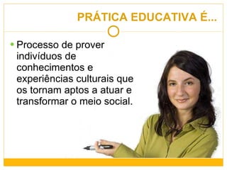 PRÁTICA EDUCATIVA É... Processo de prover indivíduos de conhecimentos e experiências culturais que os tornam aptos a atuar e transformar o meio social. 