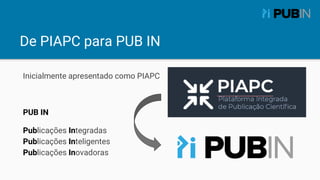 De PIAPC para PUB IN
Inicialmente apresentado como PIAPC
PUB IN
Publicações Integradas
Publicações Inteligentes
Publicaçõe...