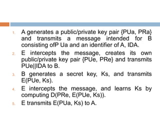 1. A generates a public/private key pair {PUa, PRa}
and transmits a message intended for B
consisting ofP Ua and an identifier of A, IDA.
2. E intercepts the message, creates its own
public/private key pair {PUe, PRe} and transmits
PUe||IDA to B.
3. B generates a secret key, Ks, and transmits
E(PUe, Ks).
4. E intercepts the message, and learns Ks by
computing D(PRe, E(PUe, Ks)).
5. E transmits E(PUa, Ks) to A.
 