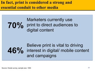 19
Marketers currently use
print to direct audiences to
digital content
Believe print is vital to driving
interest in digital/ mobile content
and campaigns
Source: Oracle survey, sample size: 1000
70%
46%
In fact, print is considered a strong and
essential conduit to other media
 
