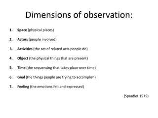 Dimensions of observation:
1.   Space (physical places)

2.   Actors (people involved)

3.   Activities (the set of related acts people do)

4.   Object (the physical things that are present)

5.   Time (the sequencing that takes place over time)

6.   Goal (the things people are trying to accomplish)

7.   Feeling (the emotions felt and expressed)

                                                         (Spradlet 1979)
 