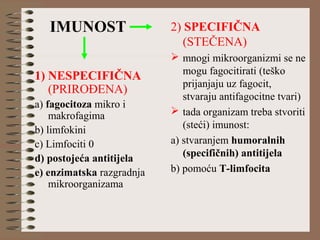 1) NESPECIFIČNA
(PRIROĐENA)
a) fagocitoza mikro i
makrofagima
b) limfokini
c) Limfociti 0
d) postojeća antitijela
e) enzimatska razgradnja
mikroorganizama
2) SPECIFIČNA
(STEČENA)
 mnogi mikroorganizmi se ne
mogu fagocitirati (teško
prijanjaju uz fagocit,
stvaraju antifagocitne tvari)
 tada organizam treba stvoriti
(steći) imunost:
a) stvaranjem humoralnih
(specifičnih) antitijela
b) pomoću T-limfocita
IMUNOST
 