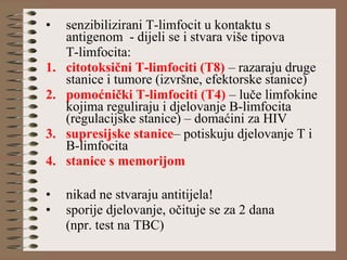 • senzibilizirani T-limfocit u kontaktu s
antigenom - dijeli se i stvara više tipova
T-limfocita:
1. citotoksični T-limfociti (T8) – razaraju druge
stanice i tumore (izvršne, efektorske stanice)
2. pomoćnički T-limfociti (T4) – luče limfokine
kojima reguliraju i djelovanje B-limfocita
(regulacijske stanice) – domaćini za HIV
3. supresijske stanice– potiskuju djelovanje T i
B-limfocita
4. stanice s memorijom
• nikad ne stvaraju antitijela!
• sporije djelovanje, očituje se za 2 dana
(npr. test na TBC)
 