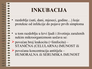 INKUBACIJA
• razdoblje (sati, dani, mjeseci, godine…) koje
protekne od infekcije do pojave prvih simptoma
• u tom razdoblju u krvi ljudi i životinja zaraženih
nekim mikroorganizmom uočava se:
 povećan broj leukocita (=limfocita) –
STANIČNA (CELULARNA) IMUNOST ili
 povećana koncentracija antitijela –
HUMORALNA ili SERUMSKA IMUNOST
 