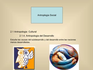 Antroplogia Social 2.1 Antropologia  Cultural 2.1.4. Antropologia del Desarrollo Estudia las causas del subdesarrollo y del desarrollo entre las naciones menos desarrolladas.   