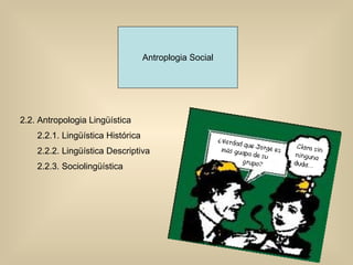 Antroplogia Social 2.2. Antropologia Lingüística 2.2.1. Lingüística Histórica 2.2.2. Lingüística Descriptiva 2.2.3. Sociolingüística  