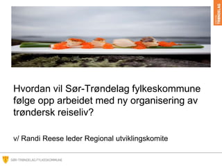 Hvordan vil Sør-Trøndelag fylkeskommune
følge opp arbeidet med ny organisering av
trøndersk reiseliv?
v/ Randi Reese leder Regional utviklingskomite
 