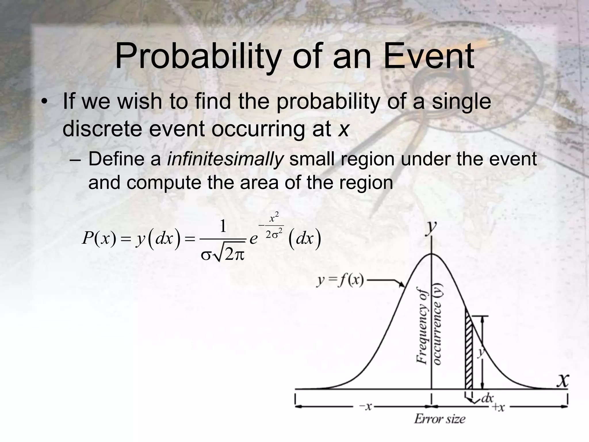 Probability of an Event
• If we wish to find the probability of a single
discrete event occurring at x
– Define a infinitesimally small region under the event
and compute the area of the region
   
2
2
2
1
( )
2


 
 
x
P x y dx e dx
 