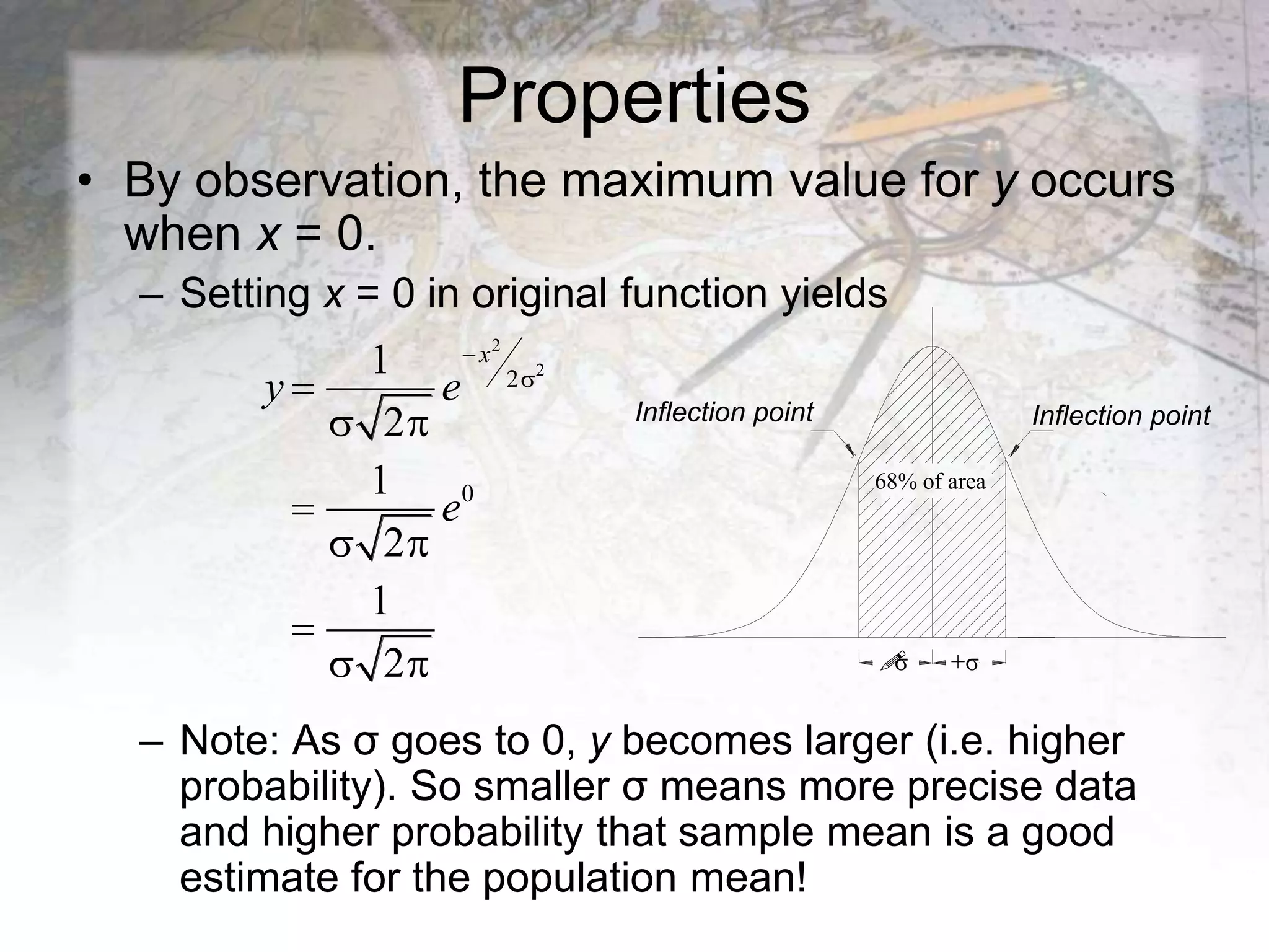 Properties
• By observation, the maximum value for y occurs
when x = 0.
– Setting x = 0 in original function yields
– Note: As σ goes to 0, y becomes larger (i.e. higher
probability). So smaller σ means more precise data
and higher probability that sample mean is a good
estimate for the population mean!
68% of area
Inflection point Inflection point

σ +σ
2
2
2
0
1
2
1
2
1
2
x
y e
e



 

 

 
 