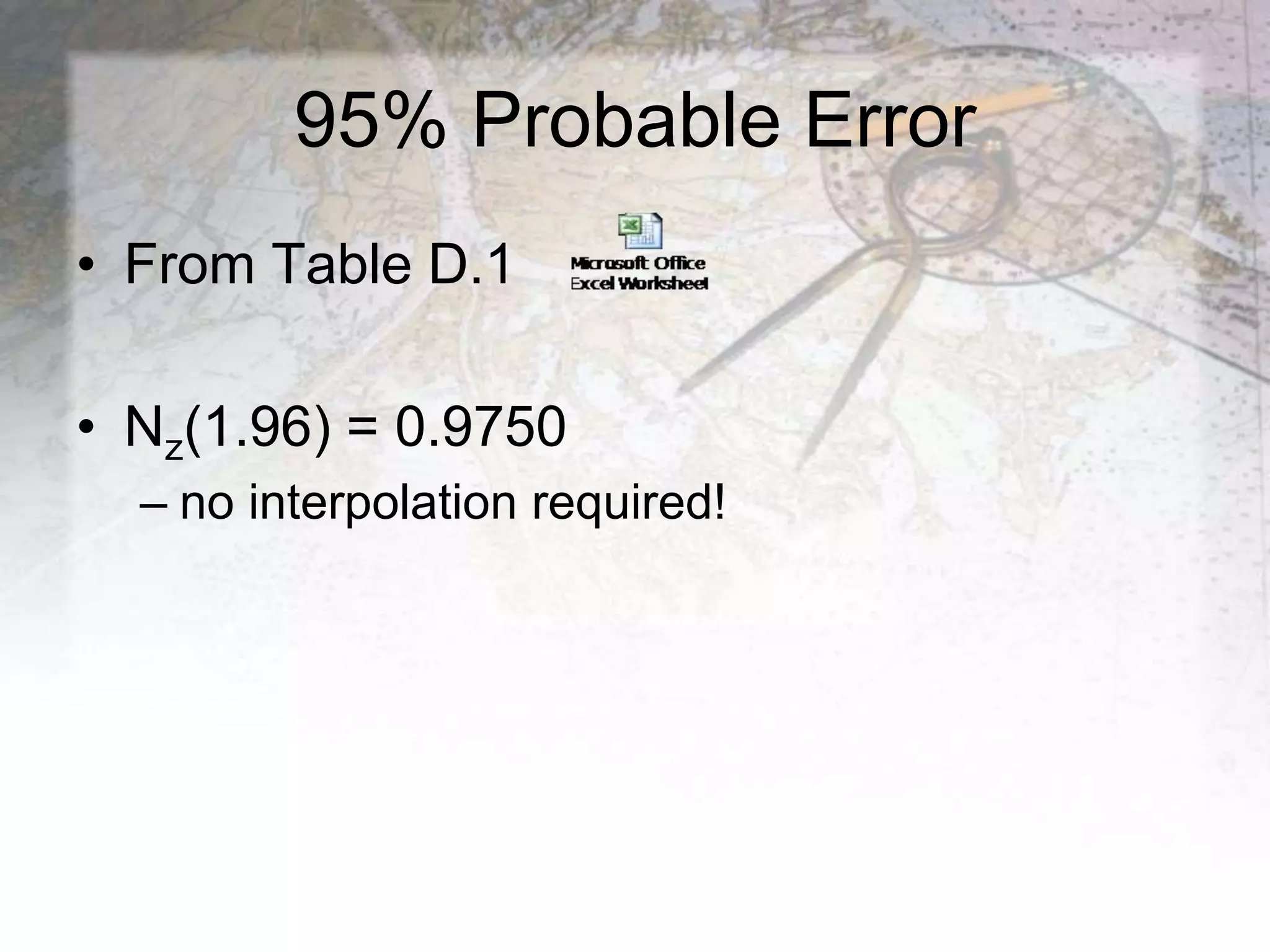95% Probable Error
• From Table D.1
• Nz(1.96) = 0.9750
– no interpolation required!
 