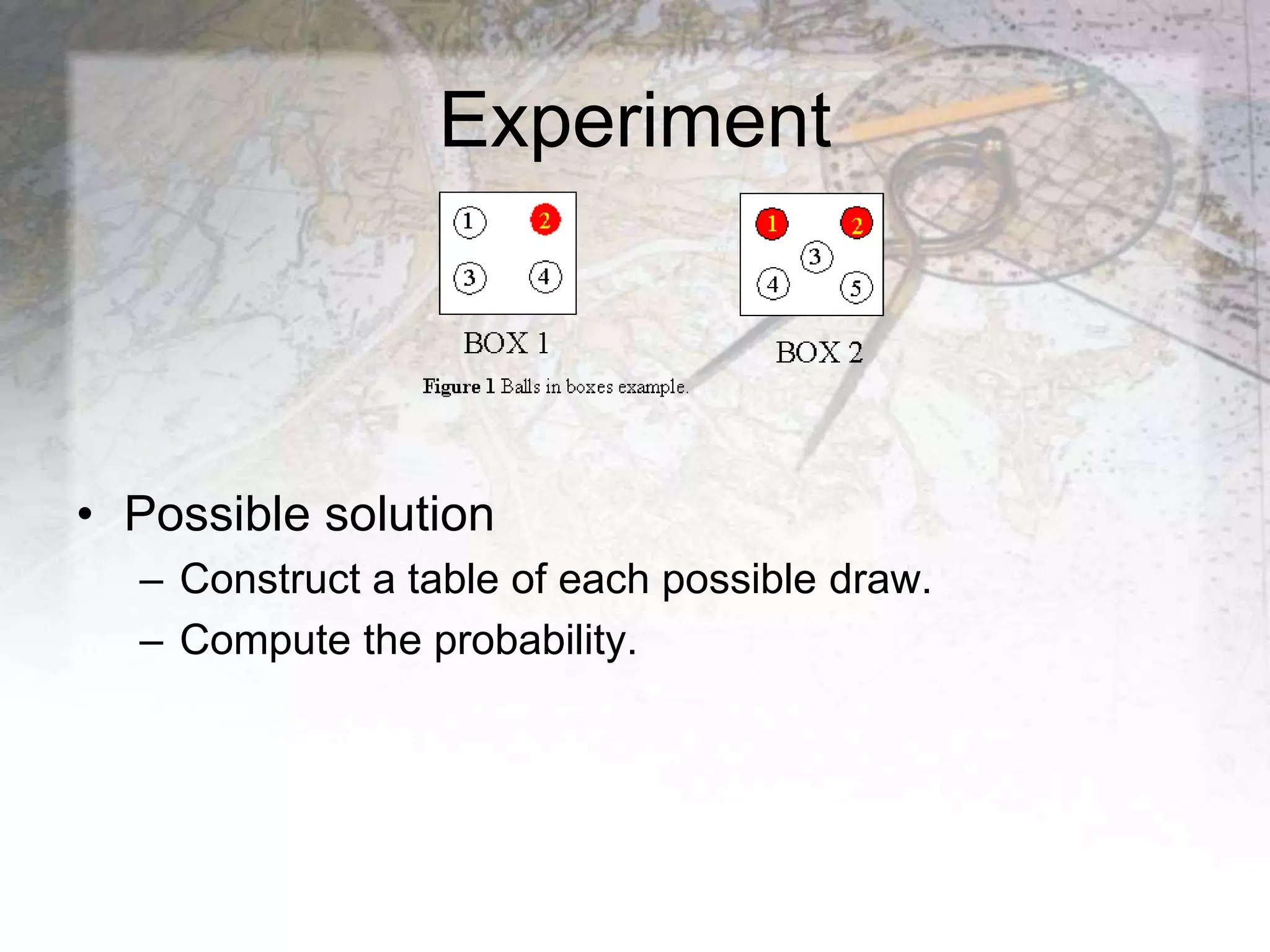 Experiment
• Possible solution
– Construct a table of each possible draw.
– Compute the probability.
 