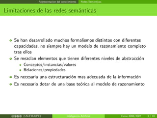 Representacion del conocimiento Redes Semánticas
Limitaciones de las redes semánticas
Se han desarrollado muchos formalismos distintos con diferentes
capacidades, no siempre hay un modelo de razonamiento completo
tras ellos
Se mezclan elementos que tienen diferentes niveles de abstracción
Conceptos/instancias/valores
Relaciones/propiedades
Es necesaria una estructuración mas adecuada de la información
Es necesario dotar de una base teórica al modelo de razonamiento
cbea (LSI-FIB-UPC) Inteligencia Artiﬁcial Curso 2006/2007 3 / 18
 