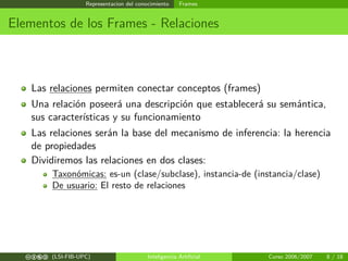 Representacion del conocimiento Frames
Elementos de los Frames - Relaciones
Las relaciones permiten conectar conceptos (frames)
Una relación poseerá una descripción que establecerá su semántica,
sus características y su funcionamiento
Las relaciones serán la base del mecanismo de inferencia: la herencia
de propiedades
Dividiremos las relaciones en dos clases:
Taxonómicas: es-un (clase/subclase), instancia-de (instancia/clase)
De usuario: El resto de relaciones
cbea (LSI-FIB-UPC) Inteligencia Artiﬁcial Curso 2006/2007 8 / 18
 