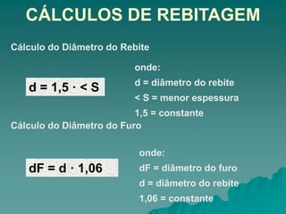CÁLCULOS DE REBITAGEM
Cálculo do Diâmetro do Rebite
d = 1,5 · < S
onde:
d = diâmetro do rebite
< S = menor espessura
1,5 = constante
Cálculo do Diâmetro do Furo
dF = d · 1,06
onde:
dF = diâmetro do furo
d = diâmetro do rebite
1,06 = constante
 