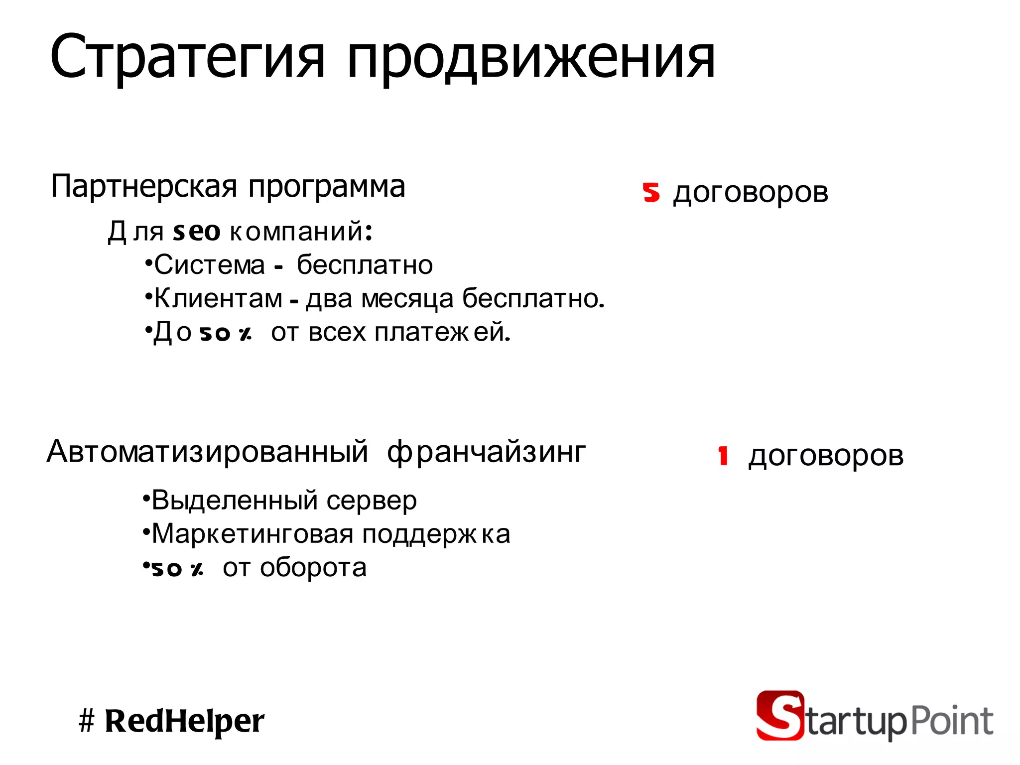 Стратегия продвижения Партнерская программа  # RedHelper Для seo компаний: Система – бесплатно Клиентам - два месяца бесплатно.  До 50 % от всех платежей. Автоматизированный  франчайзинг Выделенный сервер Маркетинговая поддержка 50 % от оборота 5  договоров 1  договоров 