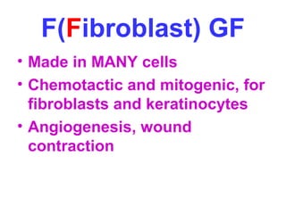 F(Fibroblast) GF 
• Made in MANY cells 
• Chemotactic and mitogenic, for 
fibroblasts and keratinocytes 
• Angiogenesis, wound 
contraction 
 