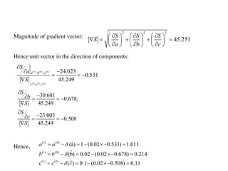 Magnitude of gradient vector:
Hence unit vector in the direction of components:
Hence,
2 2 2
45.251
S S S
S
a b c
¶ ¶ ¶
æ ö æ ö æ ö
Ñ = + + =
ç ÷ ç ÷ ç ÷
¶ ¶ ¶
è ø è ø è ø
(0) (0) (0)
(0) (0) (0)
,b ,c
,b ,c 24.023
0.531
45.249
a
a
S
a
S
¶
-
¶
= = -
Ñ
30.681
0.678;
45.249
23.003
0.508
45.249
S
b
S
S
c
S
¶
-
¶ = = -
Ñ
¶
-
¶ = = -
Ñ
(1) (0)
(1) (0)
(1) (0)
ˆ
(a) 1 (0.02 0.531) 1.011
ˆ
(b) 0.02 (0.02 0.678) 0.214
ˆ
c ( ) 0.1 (0.02 0.508) 0.11
a a
b b
c c
d
d
d
= - = - ´- =
= - = - ´- =
= - = - ´- =
 