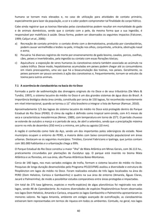 humano se tornam mais elevados e, no caso de utilização para atividades de contato primário,
especialmente para lazer da população, a cor e o odor podem comprometer tal finalidade do corpo hídrico.
Cabe ainda registrar que as toxinas liberadas pelas cianobactérias podem resultar em mortalidade do gado
e de animais domésticos, sendo que o contato com a pele, da mesma forma que a sua ingestão, é
responsável por malefícios à saúde. Dessa forma, podem ser observados os seguintes impactos (Falconer,
1999; Calijuri et al., 2006):
a)   Recreação de contato primário: o contato direto com a dermatotoxina, produzida por cianobactérias,
     podem causar vermelhidão e lesões na pele, irritação nos olhos, conjuntivite, urticária, obstrução nasal
     e asma;
b)   Pecuária: há diversos registros de morte por envenenamento de gado bovino, cavalos, porcos, ovelhas,
     cães, peixes e invertebrados, pela ingestão ou contato com essas florações tóxicas;
c)   Aquicultura: a exposição de seres humanos às cianotoxinas estaria também associada ao acúmulo na
     cadeia trófica. Desse modo, hepatotoxinas acumuladas em peixes podem chegar até os consumidores
     em níveis preocupantes, uma vez que há a bioacumulação das toxinas, nos peixes. Geralmente, os
     peixes parecem ser pouco sensíveis à ação das cianotoxinas e, frequentemente, tornam-se veículos da
     toxina para outros animais.

7.1 A ocorrência de cianobactérias na bacia do rio Doce
Formado a partir de sedimentação das drenagens originais do rio Doce e de seus tributários (De Meis &
Tundisi, 1997), o sistema lacustre do médio rio Doce é um dos grandes sistemas de água doce do Brasil. A
importância biológica desta área úmida, constituída por cerca de 150 lagoas, foi reconhecida recentemente
em nível internacional, quando se tornou o 11o sítio brasileiro a integrar a lista de Ramsar (Ramsar, 2010).
Aproximadamente 1/3 das lagoas do sistema lacustre do médio rio Doce está protegido dentro do Parque
Estadual do Rio Doce (PERD). O clima da região é definido como tropical semi-úmido, com 4-5 meses de
seca e características mesotérmicas (Nimer, 1989), com temperatura em torno de 25oC. O período chuvoso
se estende de outubro a março e o período de seca, de abril a setembro, sendo que a precipitação máxima
ocorre no mês de dezembro (350 mm) e a mínima, em julho ou agosto (10 mm).
A região é conhecida como Vale do Aço, sendo um dos importantes polos siderúrgicos do estado. Nove
municípios ocupam o entorno do PERD, a maioria deles com baixa concentração populacional em áreas
urbanas. Destacam-se os seguintes municípios: Timóteo, Coronel Fabriciano e Ipatinga, que juntos contam
com 381.000 habitantes e a urbanização chega a 99%.
O Parque Estadual do Rio Doce constitui a maior “ilha” de Mata Atlântica em Minas Gerais, com 36.113 ha.,
praticamente circundados por plantações de Eucalytus spp. O parque está inserido no bioma Mata
Atlântica e as florestas, em sua área, são Pluvias Atlânticas Baixo-Montanas.
Cerca de 140 lagos, nos mais variados estágios de trofia, formam o sistema lacustre do médio rio Doce.
Pesquisas de longa duração desenvolvidas pelo Programa PELD/UFMG avaliou a diversidade e estrutura do
fitoplâncton em lagos do médio rio Doce. Foram realizados estudos de três lagos localizados na área do
PERD (Dom Helvécio, Carioca e Gambazinho) e quatro na sua área de entorno (Amarela, Águas Claras,
Jacaré e Palmeirinha), de modo a possibilitar estudos comparativos entre áreas protegidas e impactadas.
Um total de 275 taxa (gêneros, espécies e morfo-espécies) de algas planctônicas foi registrado nos sete
lagos, sendo 48 de Cyanobacteria. As maiores diversidades de espécies fitoplanctônicas foram observadas
nos lagos Dom Helvécio, Amarela e Carioca, enquanto os lagos Gambazinho e Palmeirinha apresentaram os
menores valores. Na lagoa Amarela, ambiente em estágio avançado de eutrofização, as cianobactérias
estiveram bem representadas em termos de riqueza em todos os ambientes. Contudo, no geral, nos lagos


                                                     40
 