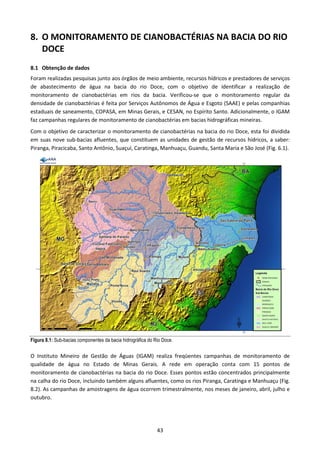8. O MONITORAMENTO DE CIANOBACTÉRIAS NA BACIA DO RIO
   DOCE
8.1 Obtenção de dados
Foram realizadas pesquisas junto aos órgãos de meio ambiente, recursos hídricos e prestadores de serviços
de abastecimento de água na bacia do rio Doce, com o objetivo de identificar a realização de
monitoramento de cianobactérias em rios da bacia. Verificou-se que o monitoramento regular da
densidade de cianobactérias é feita por Serviços Autônomos de Água e Esgoto (SAAE) e pelas companhias
estaduais de saneamento, COPASA, em Minas Gerais, e CESAN, no Espírito Santo. Adicionalmente, o IGAM
faz campanhas regulares de monitoramento de cianobactérias em bacias hidrográficas mineiras.
Com o objetivo de caracterizar o monitoramento de cianobactérias na bacia do rio Doce, esta foi dividida
em suas nove sub-bacias afluentes, que constituem as unidades de gestão de recursos hídricos, a saber:
Piranga, Piracicaba, Santo Antônio, Suaçuí, Caratinga, Manhuaçu, Guandu, Santa Maria e São José (Fig. 6.1).




Figura 8.1: Sub-bacias componentes da bacia hidrográfica do Rio Doce.

O Instituto Mineiro de Gestão de Águas (IGAM) realiza freqüentes campanhas de monitoramento de
qualidade de água no Estado de Minas Gerais. A rede em operação conta com 15 pontos de
monitoramento de cianobactérias na bacia do rio Doce. Esses pontos estão concentrados principalmente
na calha do rio Doce, incluindo também alguns afluentes, como os rios Piranga, Caratinga e Manhuaçu (Fig.
8.2). As campanhas de amostragens de água ocorrem trimestralmente, nos meses de janeiro, abril, julho e
outubro.




                                                             43
 