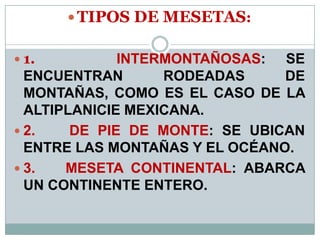  TIPOS DE MESETAS:
 1. INTERMONTAÑOSAS: SE
ENCUENTRAN RODEADAS DE
MONTAÑAS, COMO ES EL CASO DE LA
ALTIPLANICIE MEXICANA.
 2. DE PIE DE MONTE: SE UBICAN
ENTRE LAS MONTAÑAS Y EL OCÉANO.
 3. MESETA CONTINENTAL: ABARCA
UN CONTINENTE ENTERO.
 