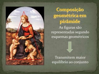 As figuras são
representadas segundo
esquemas geométricos
Transmitem maior
equilíbrio ao conjunto
 