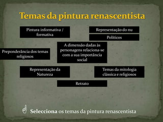 A dimensão dadas às
personagens relaciona-se
com a sua importância
social
Pintura informativa /
formativa
Preponderância dos temas
religiosos
Representação da
Natureza
Representação do nu
Retrato
Temas da mitologia
clássica e religiosos
 Selecciona os temas da pintura renascentista
Políticos
 