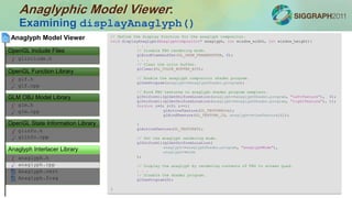 anaglyph.h
Anaglyph.frag
anaglyph.cpp
Anaglyph.vert
Anaglyph Interlacer Library
Anaglyph Model Viewer
glinfo.h
glinfo.cpp
OpenGL State Information Library
glm.h
glm.cpp
GLM OBJ Model Library
glf.h
glf.cpp
OpenGL Function Library
glinclude.h
OpenGL Include Files
Anaglyphic Model Viewer:
Examining displayAnaglyph()
// Define the display function for the anaglyph compositor.
void displayAnaglyph(AnaglyphCompositor* anaglyph, int window_width, int window_height){
. . .
// Disable FBO rendering mode.
glBindFramebuffer(GL_DRAW_FRAMEBUFFER, 0);
. . .
// Clear the color buffer.
glClear(GL_COLOR_BUFFER_BIT);
// Enable the anaglyph compositor shader program.
glUseProgram(anaglyph->anaglyphShader.program);
// Bind FBO textures to anaglyph shader program samplers.
glUniform1i(glGetUniformLocation(anaglyph->anaglyphShader.program, "leftTexture"), 0);
glUniform1i(glGetUniformLocation(anaglyph->anaglyphShader.program, "rightTexture"), 1);
for(int i=0; i<2; i++){
glActiveTexture(GL_TEXTURE0+i);
glBindTexture(GL_TEXTURE_2D, anaglyph->viewTexture[i]);
}
glActiveTexture(GL_TEXTURE0);
// Set the anaglyph rendering mode.
glUniform1i(glGetUniformLocation(
anaglyph->anaglyphShader.program, "anaglyphMode"),
anaglyph->mode
);
// Display the anaglyph by rendering contents of FBO to screen quad.
. . .
// Disable the shader program.
glUseProgram(0);
}
 