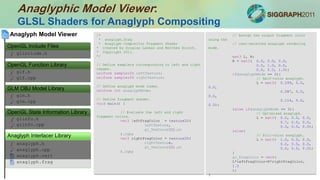 Anaglyphic Model Viewer:
GLSL Shaders for Anaglyph Compositing
anaglyph.h
anaglyph.frag
anaglyph.cpp
anaglyph.vert
Anaglyph Interlacer Library
Anaglyph Model Viewer
Anaglyph Interlacer Library
glinfo.h
glinfo.cpp
OpenGL State Information Library
glm.h
glm.cpp
GLM OBJ Model Library
glf.h
glf.cpp
OpenGL Function Library
glinclude.h
OpenGL Include Files
/*
* anaglyph.frag
* Anaglyph Compositor Fragment Shader
* Created by Douglas Lanman and Matthew Hirsch.
* Copyright 2011.
*/
// Define samplers corresponding to left and right
images.
uniform sampler2D leftTexture;
uniform sampler2D rightTexture;
// Define anaglyph mode index.
uniform int anaglyphMode;
// Define fragment shader.
void main() {
// Evaluate the left and right
fragment colors.
vec3 leftFragColor = texture2D(
leftTexture,
gl_TexCoord[0].st
).rgb;
vec3 rightFragColor = texture2D(
rightTexture,
gl_TexCoord[0].st
).rgb;
// Assign the output fragment color
using the
// user-selected anaglyph rendering
mode.
mat3 L, R;
R = mat3( 0.0, 0.0, 0.0,
0.0, 1.0, 0.0,
0.0, 0.0, 1.0);
if(anaglyphMode == 2){
// Half-color anaglyph.
L = mat3( 0.299, 0.0,
0.0,
0.587, 0.0,
0.0,
0.114, 0.0,
0.0);
}else if(anaglyphMode == 3){
// Optimized anaglyph.
L = mat3( 0.0, 0.0, 0.0,
0.7, 0.0, 0.0,
0.3, 0.0, 0.0);
}else{
// Full-color anaglyph.
L = mat3( 1.0, 0.0, 0.0,
0.0, 0.0, 0.0,
0.0, 0.0, 0.0);
}
gl_FragColor = vec4(
L*leftFragColor+R*rightFragColor,
1.0
);
}
 