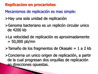 Replicacion en procariotes
Mecanismos de replicación es mas simple:
Hay una sola unidad de replicación
Genoma bacteriano es un replicón circular unico
de 4200 kb
La velocidad de replicación es aproximadamente
= 50,000 pb/mn
Tamaño de los fragmentos de Okasaki = 1 a 2 kb
Concierna un unico origen de replicación, a partir
de la cual progresan dos orquillas de replicación
en direcciones opuestas.
 