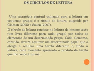   OS ALUNOS LÊEM EM PEQUENOS GRUPOS:  OS CÍRCULOS DE LEITURA  Uma estratégia pontual utilizada para a leitura em pequenos grupos é o círculo de leitura, sugerido por Giasson (2005) e Sousa (2007). O círculo de leitura consiste na leitura do mesmo texto (um livro diferente para cada grupo) por todos os elementos de um determinado grupo. Cada elemento, contudo, deverá assumir um determinado papel que o obriga a realizar uma tarefa diferente e, finda a leitura, cada elemento apresenta o produto da tarefa que lhe coube à turma. 
