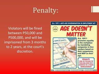 Penalty:
Violators will be fined
between P50,000 and
P500,000, and will be
imprisoned from 3 months
to 2 years, at the court's
discretion.
 