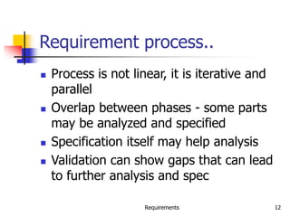 Requirements 12
Requirement process..
 Process is not linear, it is iterative and
parallel
 Overlap between phases - some parts
may be analyzed and specified
 Specification itself may help analysis
 Validation can show gaps that can lead
to further analysis and spec
 
