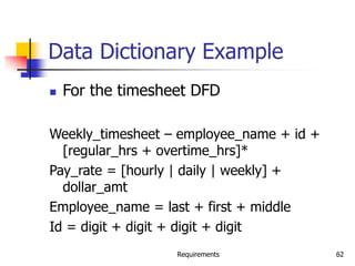 Requirements 62
Data Dictionary Example
 For the timesheet DFD
Weekly_timesheet – employee_name + id +
[regular_hrs + overtime_hrs]*
Pay_rate = [hourly | daily | weekly] +
dollar_amt
Employee_name = last + first + middle
Id = digit + digit + digit + digit
 