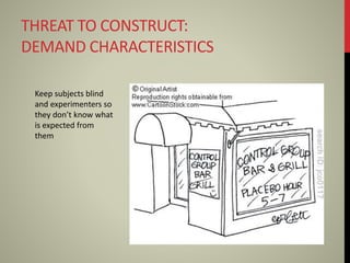 THREAT TO CONSTRUCT:
DEMAND CHARACTERISTICS
Keep subjects blind
and experimenters so
they don’t know what
is expected from
them
 