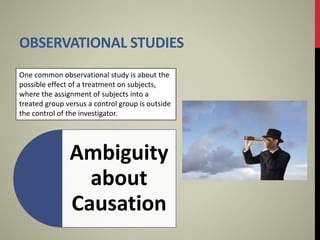 OBSERVATIONAL STUDIES
Ambiguity
about
Causation
One common observational study is about the
possible effect of a treatment on subjects,
where the assignment of subjects into a
treated group versus a control group is outside
the control of the investigator.
 