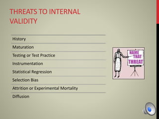 THREATS TO INTERNAL
VALIDITY
History
Maturation
Testing or Test Practice
Instrumentation
Statistical Regression
Selection Bias
Attrition or Experimental Mortality
Diffusion
 