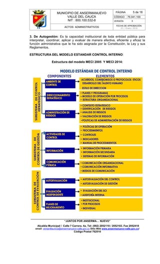 MUNICIPIO DE ANSERMANUEVO
VALLE DEL CAUCA
NIT : 800.100.532-8
CÓDIGO : 76.041.100
VERSIÓN 3
ACTOS ADMINISTRATIVOS
FECHA DE APROBACIÓN:
01 / Enero / 2016
______________________________________________________________________________
“JUNTOS POR ANSERMA… NUEVO”
Alcaldía Municipal / Calle 7 Carrera. 4a, Tel: (092) 2052118 / 2052183. Fax 2052418
email: ventanillaunica@ansermanuevo-valle.gov.co Sitio Web www.ansermanuevo-valle.gov.co/
Código Postal 762010
PÁGINA 5 de 18
3. De Autogestión: Es la capacidad institucional de toda entidad pública para
interpretar, coordinar, aplicar y evaluar de manera efectiva, eficiente y eficaz la
función administrativa que le ha sido asignada por la Constitución, la Ley y sus
Reglamentos.
ESTRUCTURA DEL MODELO ESTANDAR CONTROL INTERNO:
Estructura del modelo MECI 2005 Y MECI 2014:
 