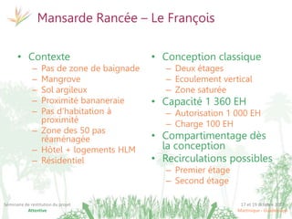 17 et 19 octobre 2017
Martinique - Guadeloupe
Séminaire de restitution du projet
Attentive
Mansarde Rancée – Le François
• Contexte
– Pas de zone de baignade
– Mangrove
– Sol argileux
– Proximité bananeraie
– Pas d’habitation à
proximité
– Zone des 50 pas
réaménagée
– Hôtel + logements HLM
– Résidentiel
• Conception classique
– Deux étages
– Ecoulement vertical
– Zone saturée
• Capacité 1 360 EH
– Autorisation 1 000 EH
– Charge 100 EH
• Compartimentage dès
la conception
• Recirculations possibles
– Premier étage
– Second étage
 