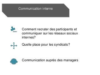 Communication interne
Comment recruter des participants et
communiquer sur les réseaux sociaux
internes?
Quelle place pour les syndicats?
Communication auprès des managers
 