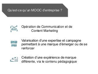 Qu’est-ce qu’un MOOC d’entreprise ?
Opération de Communication et de
Content Marketing
Valorisation d’une expertise et campagne
permettant à une marque d’émerger ou de se
renforcer
Création d’une expérience de marque
différente, via le contenu pédagogique
 