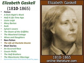Elizabeth Gaskell
(1810-1865)
• Fiction
• A Dark Night’s Work
• Half A Life-Time Ago
• Lizzie Leigh
• Mary Barton
• Ruth
• Sylvia’s Lovers
• The Doom of the Griffiths
• The Moorland Cottage
• Wives and Daughters
• Non-Fiction
• The Life of Charlotte Bronte
• Short Stories
• An Accursed Race
• Cousin Phillis
• The Half-Brothers
• The Manchester Marriage
• Representative authors of the Victorian Period The_League_...
•
 