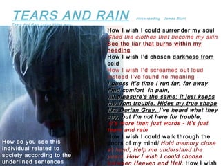 TEARS AND RAIN close reading James Blunt
Tears And Rain Lyrics Video.wmv
How I wish I could surrender my soul
Shed the clothes that become my skin
See the liar that burns within my
needing
How I wish I’d chosen darkness from
cold
How I wish I’d screamed out loud
instead I’ve found no meaning
I guess it’s time I run far, far awayI guess it’s time I run far, far away
Find comfort in pain,Find comfort in pain,
All pleasure’s the same: it just keepsAll pleasure’s the same: it just keeps
me from trouble. Hides my true shapeme from trouble. Hides my true shape
like Dorian Gray.like Dorian Gray. I’ve heard what theyI’ve heard what they
say, but I’m not here for trouble,say, but I’m not here for trouble,
it’s more than just words - It’s just
tears and rain
How I wish I could walk through the
doors of my mind/ Hold memory close
at hand, Help me understand the
years. How I wish I could choose
between Heaven and Hell. How I wish
How do you see this
individual related to
society according to the
underlined sentences
 
