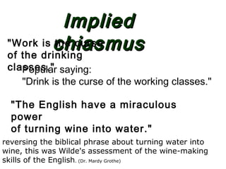 ImpliedImplied
chiasmuschiasmus"Work is the curse
of the drinking
classes."Popular saying:
"Drink is the curse of the working classes."
"The English have a miraculous
power
of turning wine into water."
reversing the biblical phrase about turning water into
wine, this was Wilde's assessment of the wine-making
skills of the English. (Dr. Mardy Grothe)
 