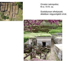 Orvietoi nekropolisz
Kr.e. VI-IV. sz.
Szabályosan elhelyezett,
általában négyszögletű sírok
 