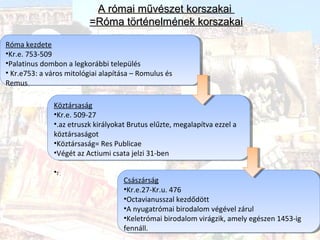 A római művészet korszakaiA római művészet korszakai
=Róma történelmének korszakai=Róma történelmének korszakai
Róma kezdete
•Kr.e. 753-509
•Palatinus dombon a legkorábbi település
• Kr.e753: a város mitológiai alapítása – Romulus és
Remus
Róma kezdete
•Kr.e. 753-509
•Palatinus dombon a legkorábbi település
• Kr.e753: a város mitológiai alapítása – Romulus és
Remus
Köztársaság
•Kr.e. 509-27
•.az etruszk királyokat Brutus elűzte, megalapítva ezzel a
köztársaságot
•Köztársaság= Res Publicae
•Végét az Actiumi csata jelzi 31-ben
•.
Köztársaság
•Kr.e. 509-27
•.az etruszk királyokat Brutus elűzte, megalapítva ezzel a
köztársaságot
•Köztársaság= Res Publicae
•Végét az Actiumi csata jelzi 31-ben
•.
Császárság
•Kr.e.27-Kr.u. 476
•Octavianusszal kezdődött
•A nyugatrómai birodalom végével zárul
•Keletrómai birodalom virágzik, amely egészen 1453-ig
fennáll.
Császárság
•Kr.e.27-Kr.u. 476
•Octavianusszal kezdődött
•A nyugatrómai birodalom végével zárul
•Keletrómai birodalom virágzik, amely egészen 1453-ig
fennáll.
 