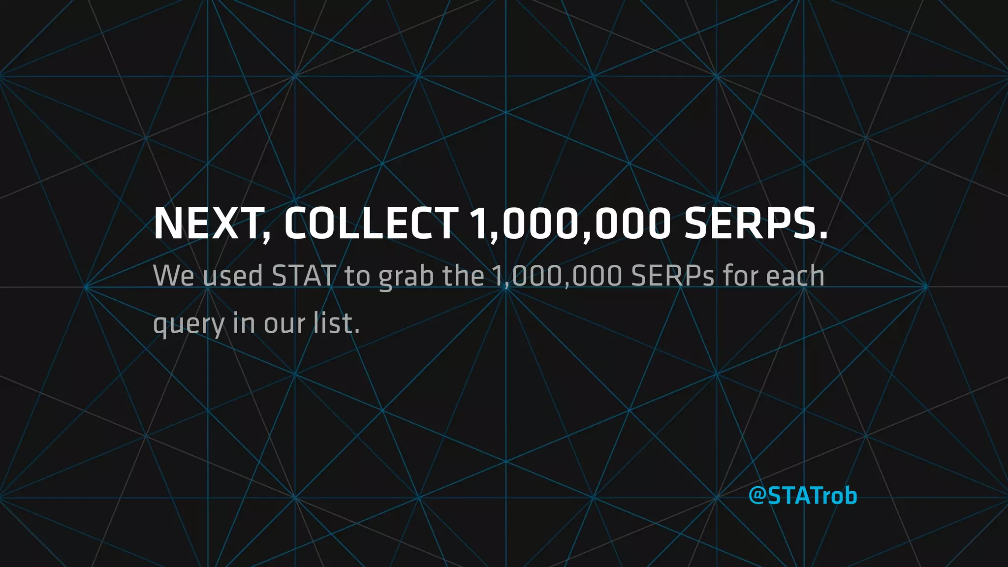 NEXT, COLLECT 1,000,000 SERPS.
We used STAT to grab the 1,000,000 SERPs for each
query in our list.
@STATrob
 
