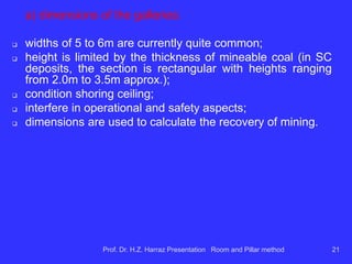 Configuration ... (cont.)
Main axis
Mining panel
Galleries return air
contaminated
Prof. Dr. H.Z. Harraz Presentation Room and Pillar method
21
 